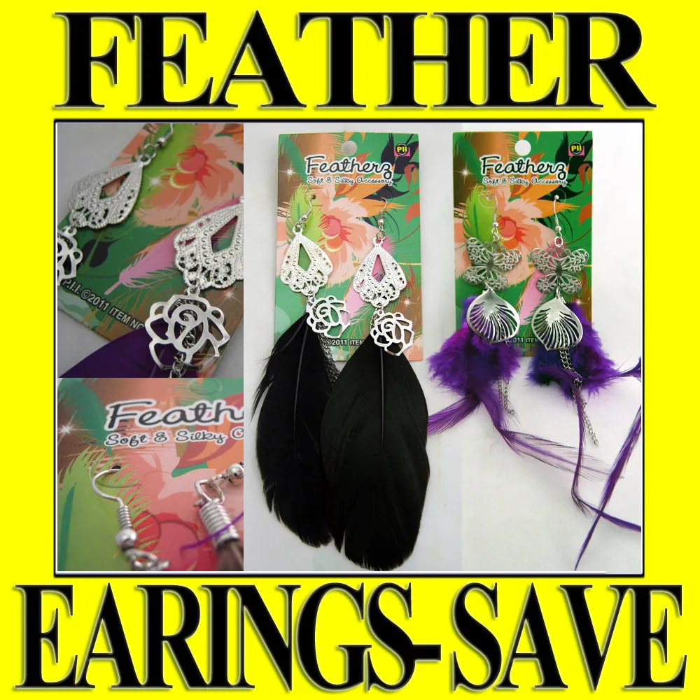 2 Pairs Feather Earrings Accessories Jewelry Drop Dangle Style Handmade Fashion