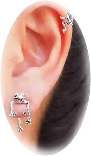 2 Pairs Silver Frog Earrings For Women Minimalist Frog Cuff Earrings Clip No Piercing Two Way Silver Frog Stud Earrings Punk Animal Earring (2 Pairs Frog)