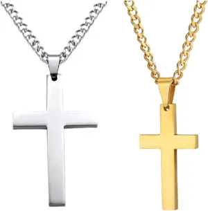 2pcs Cross Pendant Necklace Matching Set His & Hers Couple Necklace Plain Polished Cross Link Chain Choker Jewelry Gift for Lover Anniversary Promise Necklace for Men Women, Gold Silver Necklace