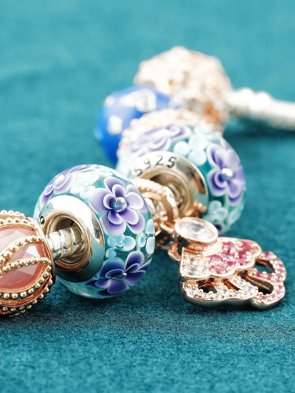 2pcs Handmade Authentic 925 Sterling Silver Murano Glass Charms for Pandora Bracelets, Murano Flowers Charms, Jewelry Gifts for Women,Gifts for Mothers on Mother's Day