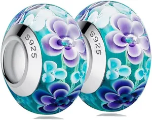 2pcs Handmade Authentic 925 Sterling Silver Murano Glass Charms for Pandora Bracelets, Murano Flowers Charms, Jewelry Gifts for Women,Gifts for Mothers on Mother's Day