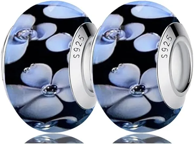 2pcs Handmade Authentic 925 Sterling Silver Murano Glass Charms for Pandora Bracelets, Murano Flowers Charms, Jewelry Gifts for Women,Gifts for Mothers on Mother's Day