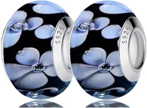 2pcs Handmade Authentic 925 Sterling Silver Murano Glass Charms for Pandora Bracelets, Murano Flowers Charms, Jewelry Gifts for Women,Gifts for Mothers on Mother's Day