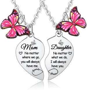 2PCs Mother Daughter Heart Matching Pendant Necklaces Set - I Love You Gifts for Mom & Daughter - Butterflies Stuff Jewelry