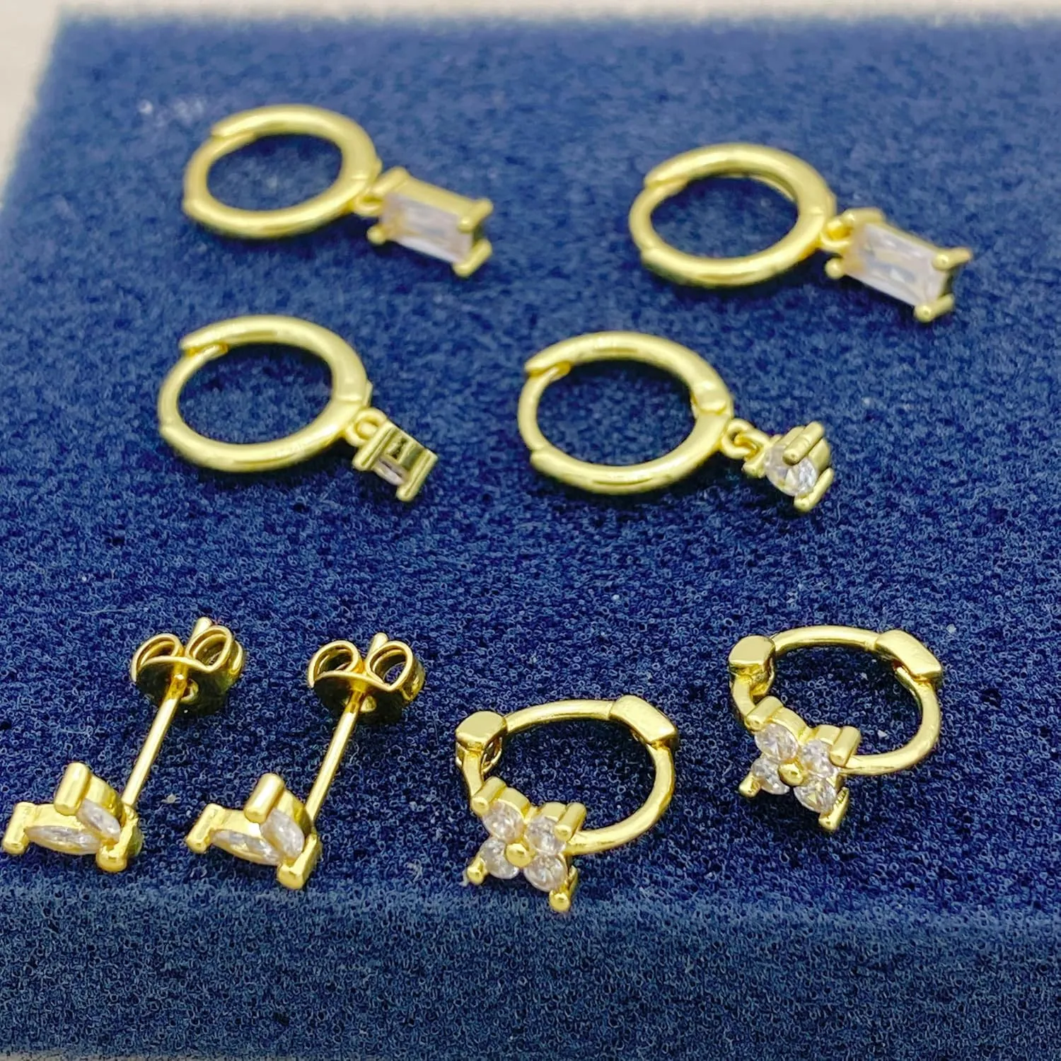 3-4 Pairs 14K Gold Plated Gold Hoop Earring Sets for Women Cubic Zirconia Dainty Stud Huggie Earrings for Multiple Piercing Hypoallergenic Small Hoop Dangle Earrings Cartilage Earring Set