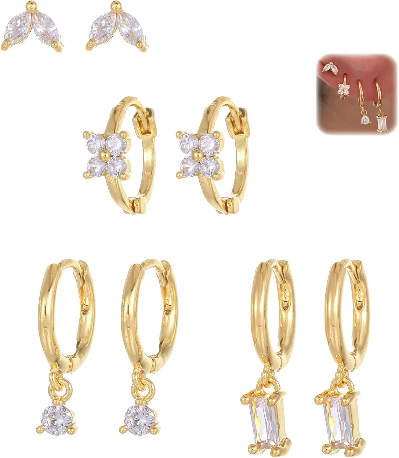 3-4 Pairs 14K Gold Plated Gold Hoop Earring Sets for Women Cubic Zirconia Dainty Stud Huggie Earrings for Multiple Piercing Hypoallergenic Small Hoop Dangle Earrings Cartilage Earring Set