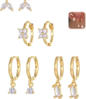 3-4 Pairs 14K Gold Plated Gold Hoop Earring Sets for Women Cubic Zirconia Dainty Stud Huggie Earrings for Multiple Piercing Hypoallergenic Small Hoop Dangle Earrings Cartilage Earring Set