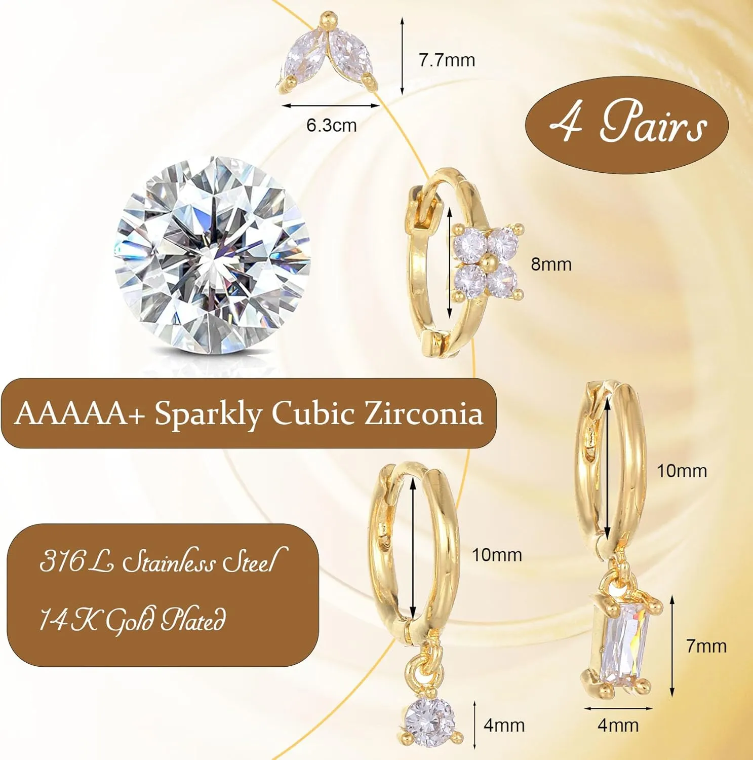 3-4 Pairs 14K Gold Plated Gold Hoop Earring Sets for Women Cubic Zirconia Dainty Stud Huggie Earrings for Multiple Piercing Hypoallergenic Small Hoop Dangle Earrings Cartilage Earring Set