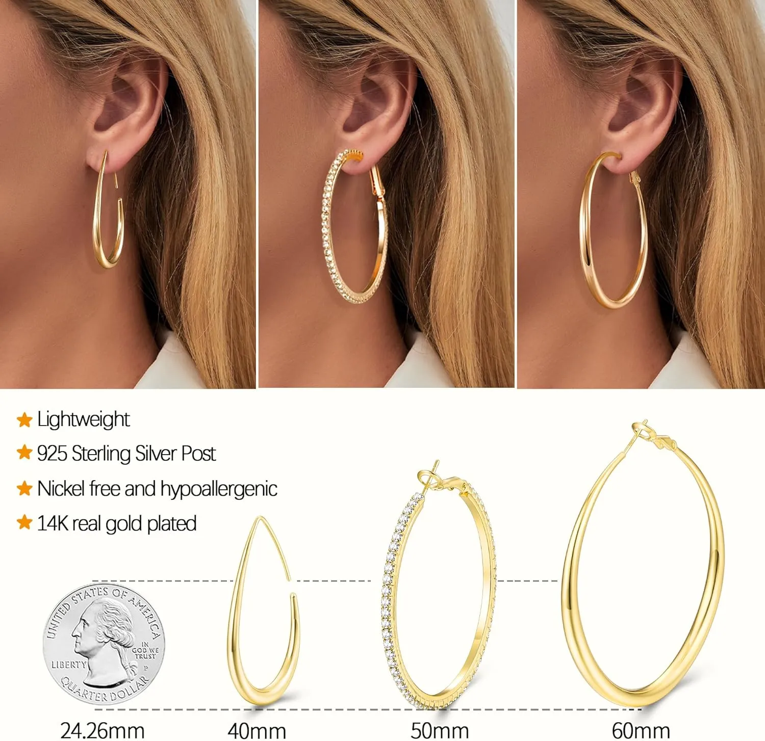 3 Pairs 14K Gold Plated Big Teardrop Earrings for Women Trendy, Simple & Lightweight Gold Hoop Earrings Set for Women, Cubic Zirconia Hoop Earrings Set for Women, 40/50/60MM