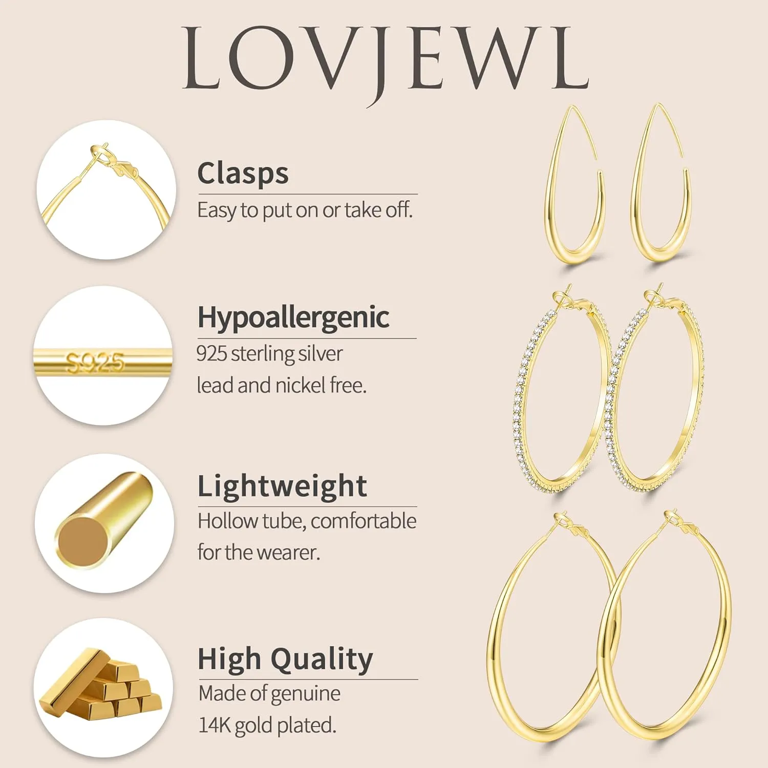 3 Pairs 14K Gold Plated Big Teardrop Earrings for Women Trendy, Simple & Lightweight Gold Hoop Earrings Set for Women, Cubic Zirconia Hoop Earrings Set for Women, 40/50/60MM