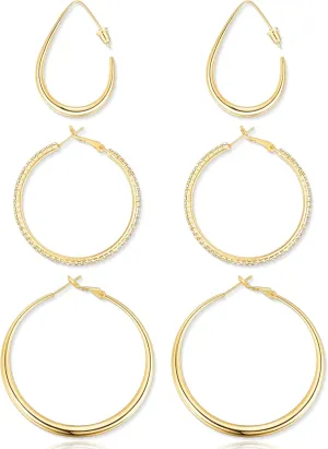 3 Pairs 14K Gold Plated Big Teardrop Earrings for Women Trendy, Simple & Lightweight Gold Hoop Earrings Set for Women, Cubic Zirconia Hoop Earrings Set for Women, 40/50/60MM