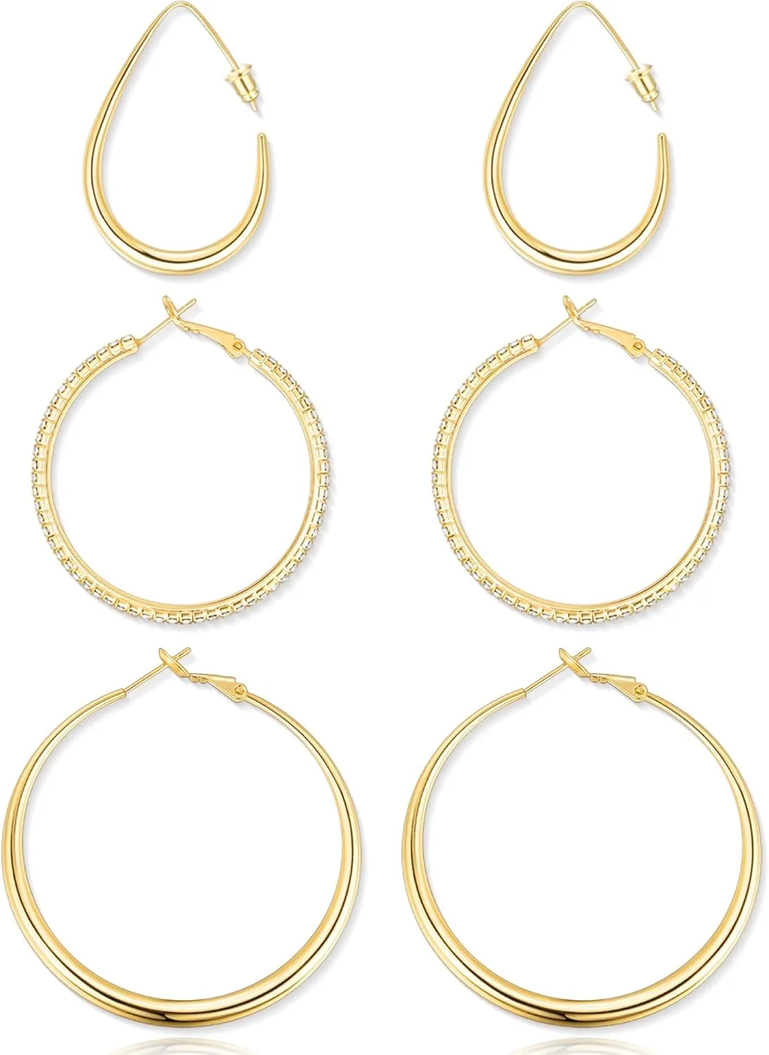 3 Pairs 14K Gold Plated Big Teardrop Earrings for Women Trendy, Simple & Lightweight Gold Hoop Earrings Set for Women, Cubic Zirconia Hoop Earrings Set for Women, 40/50/60MM