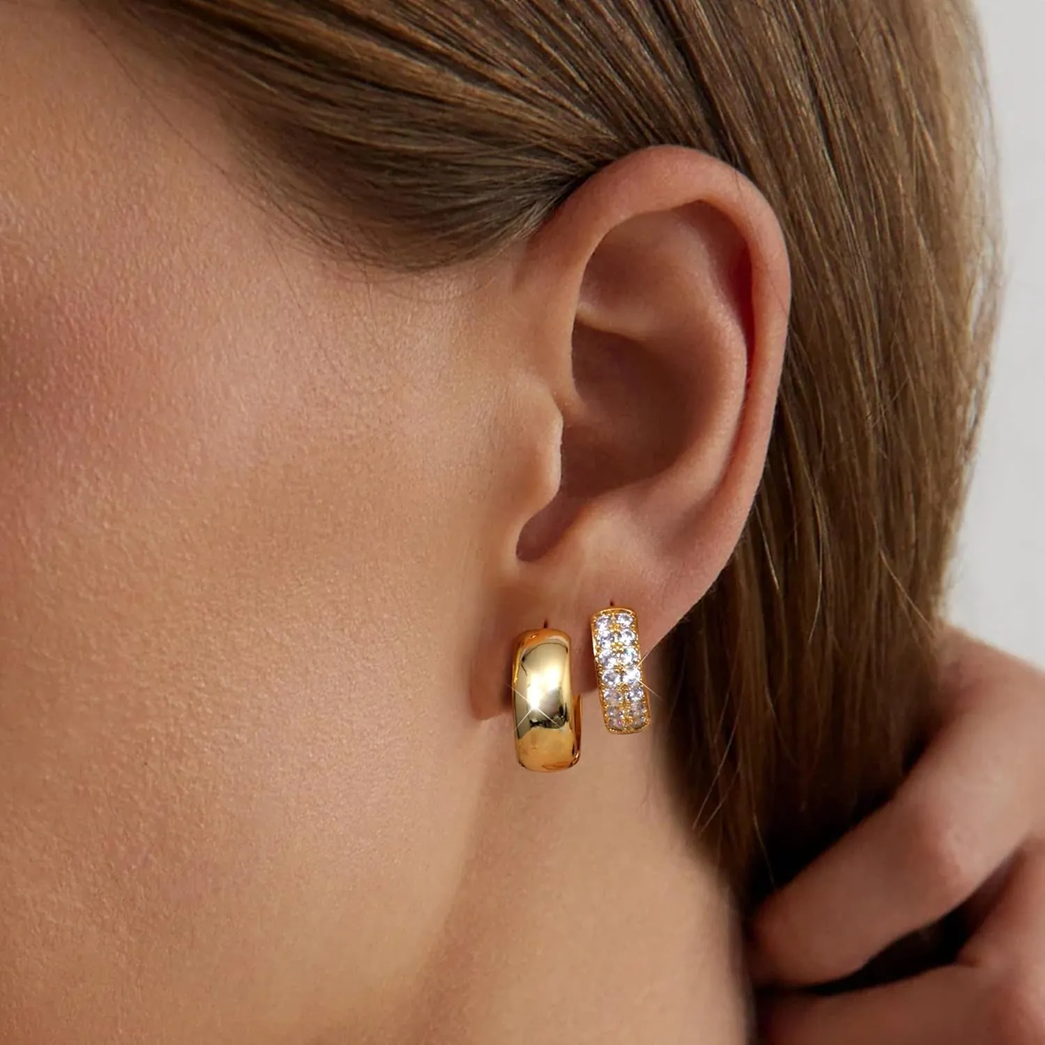 3 Pairs 14K Gold Plated Hoop Earrings Set 925 Sterling Silver Post Small Cartilage Hoop Earring Stack Trendy CZ Thick Chunky Huggie Hoop Earrings for Women