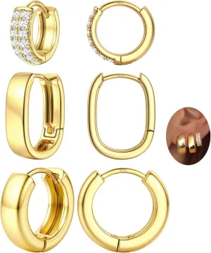 3 Pairs 14K Gold Plated Hoop Earrings Set 925 Sterling Silver Post Small Cartilage Hoop Earring Stack Trendy CZ Thick Chunky Huggie Hoop Earrings for Women