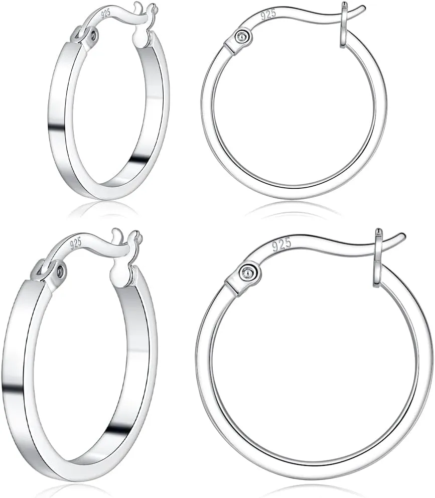 3 Pairs 925 Sterling Silver Hoop Earrings for Women 14K White Gold Plated Hypoallergenic Small Silver Hoop Earrings for Women Men 13/15/20mm