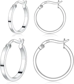 3 Pairs 925 Sterling Silver Hoop Earrings for Women 14K White Gold Plated Hypoallergenic Small Silver Hoop Earrings for Women Men 13/15/20mm