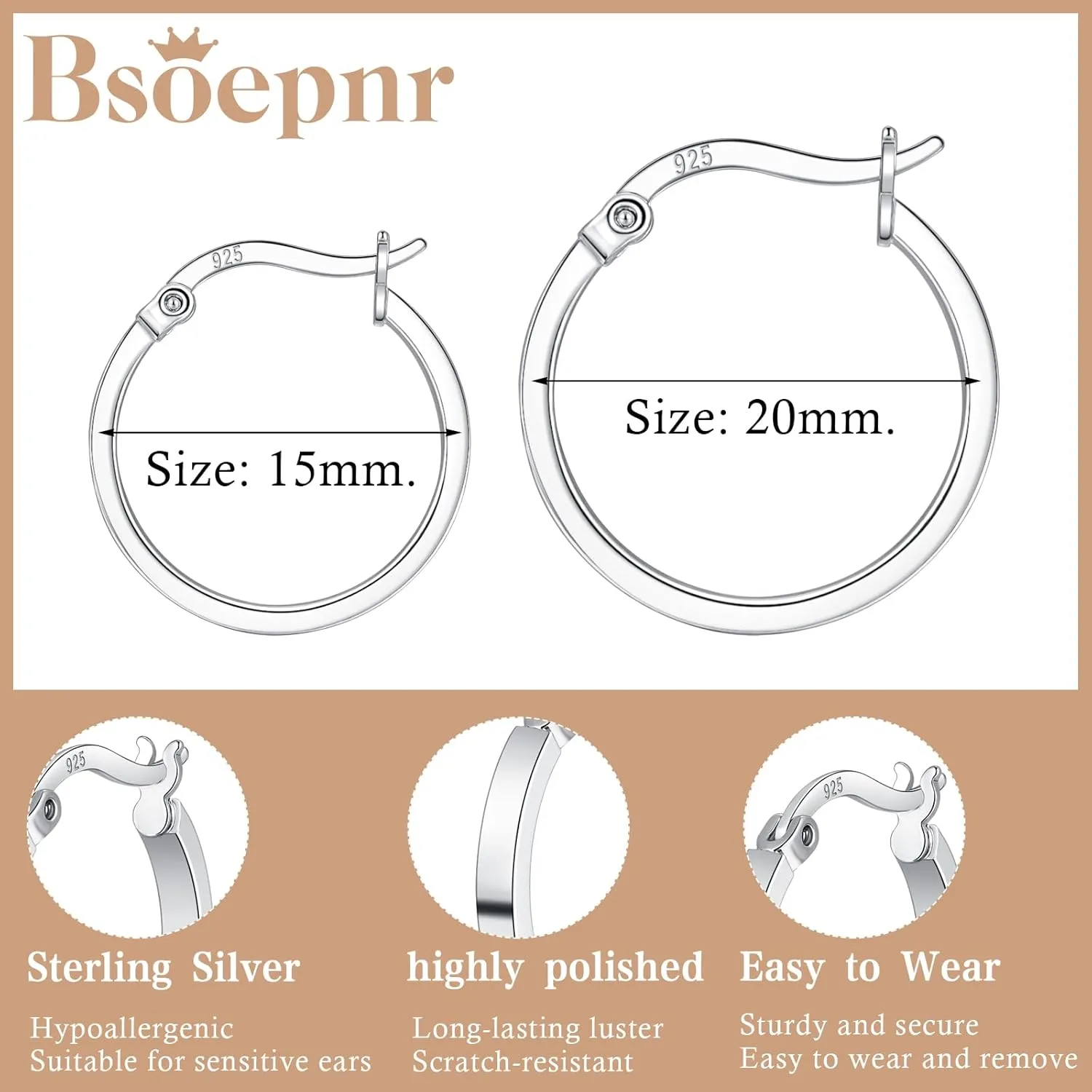 3 Pairs 925 Sterling Silver Hoop Earrings for Women 14K White Gold Plated Hypoallergenic Small Silver Hoop Earrings for Women Men 13/15/20mm