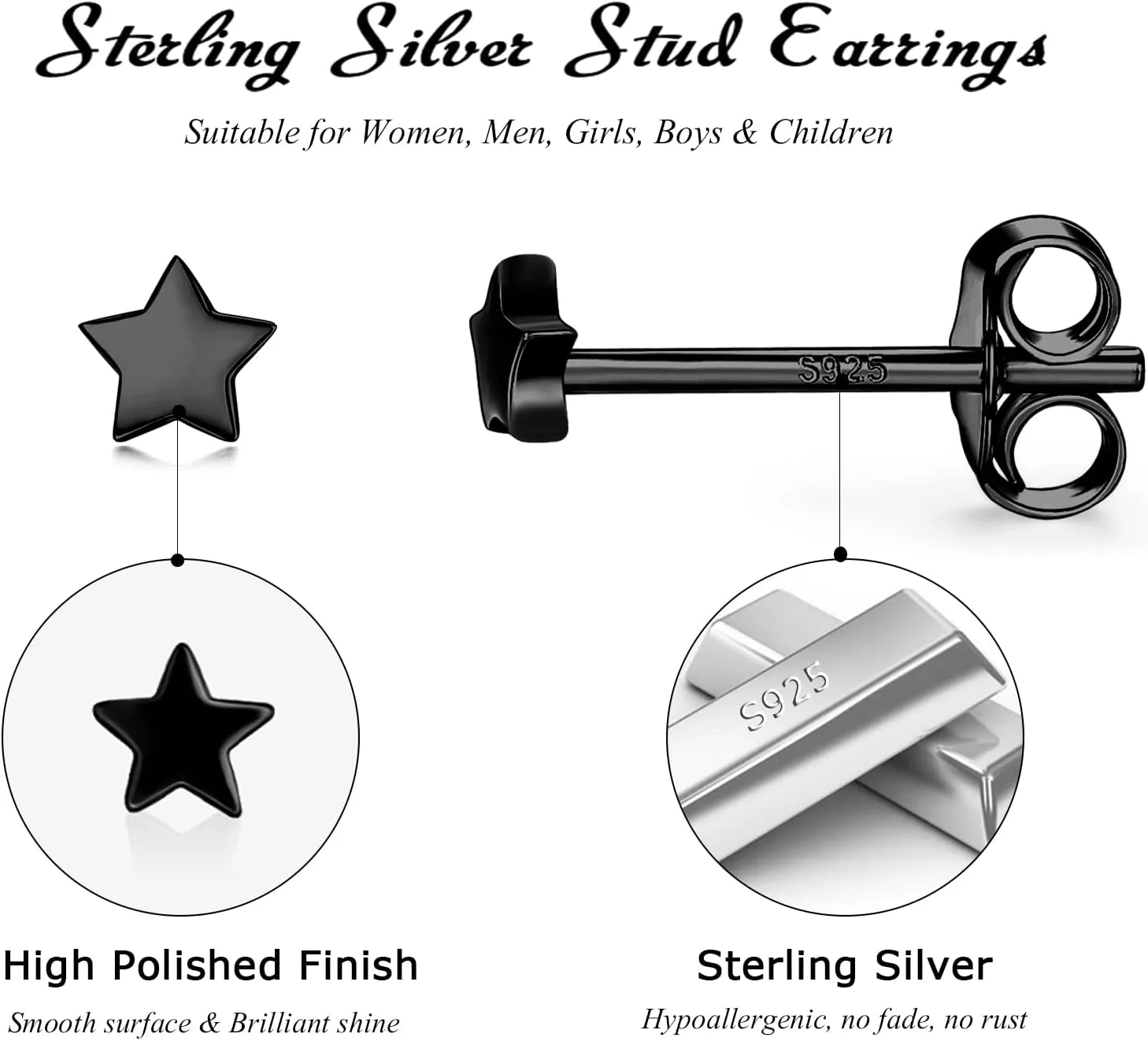3 Pairs 925 Sterling Silver Star Stud Earrings for Women,Tiny Simple Geometric Stud Earrings Set Small Hypoallergenic Cartilage Tragus Ear Jewellery for Men (3/4/5mm)