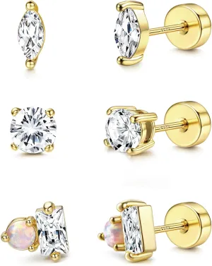 3 Pairs Flat Back Stud Earrings for Women 925 Sterling Silver Post Cartilage Tragus Earring Set for Multiple Piercing Gold Plated Trendy Flatback Stud Earrings