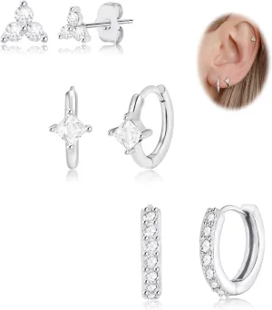 3 Pairs Gold Huggie Hoop Earrings Set,Earring Stacks Dainty Small CZ Hoop Earrings for Multiple Piercing Lightweight Cartilage Earrings Trendy Hypoallergenic Stackable Earrings for Women