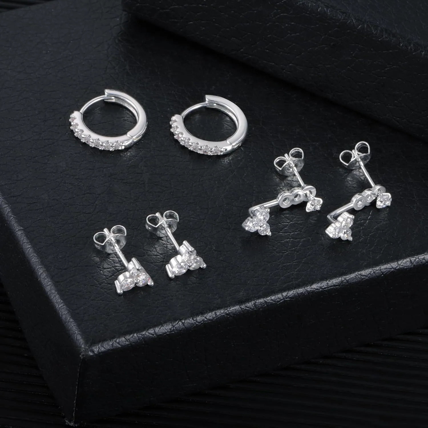3 Pairs Sterling Silver Earrings for Women Trendy Silver Stud Hoop Earrings Stacks for Multiple Piercing Dainty Cartilage Huggie Hoop Earrings Hypoallergenic Small Cubic Zirconia Stud Hoop Earrings Set