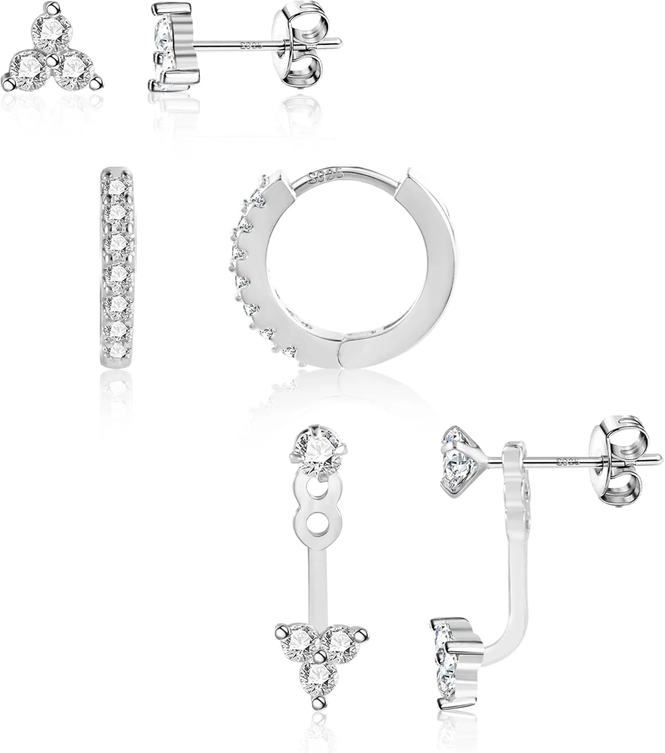 3 Pairs Sterling Silver Earrings for Women Trendy Silver Stud Hoop Earrings Stacks for Multiple Piercing Dainty Cartilage Huggie Hoop Earrings Hypoallergenic Small Cubic Zirconia Stud Hoop Earrings Set