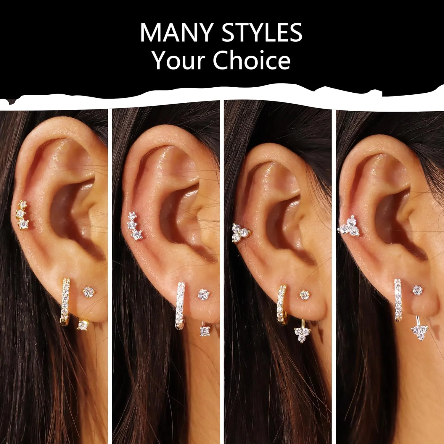 3 Pairs Sterling Silver Earrings for Women Trendy Silver Stud Hoop Earrings Stacks for Multiple Piercing Dainty Cartilage Huggie Hoop Earrings Hypoallergenic Small Cubic Zirconia Stud Hoop Earrings Set
