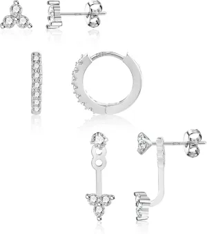 3 Pairs Sterling Silver Earrings for Women Trendy Silver Stud Hoop Earrings Stacks for Multiple Piercing Dainty Cartilage Huggie Hoop Earrings Hypoallergenic Small Cubic Zirconia Stud Hoop Earrings Set