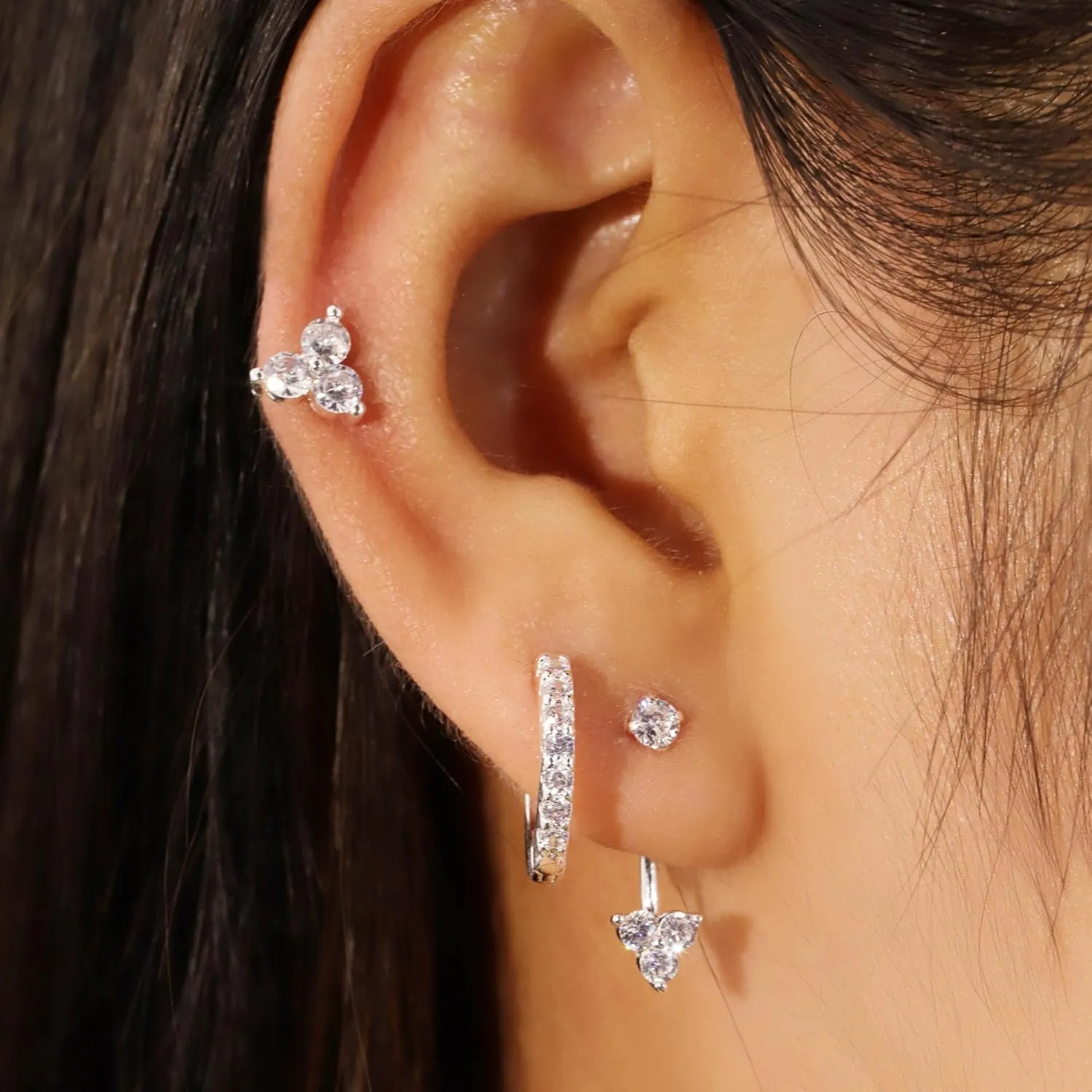 3 Pairs Sterling Silver Earrings for Women Trendy Silver Stud Hoop Earrings Stacks for Multiple Piercing Dainty Cartilage Huggie Hoop Earrings Hypoallergenic Small Cubic Zirconia Stud Hoop Earrings Set