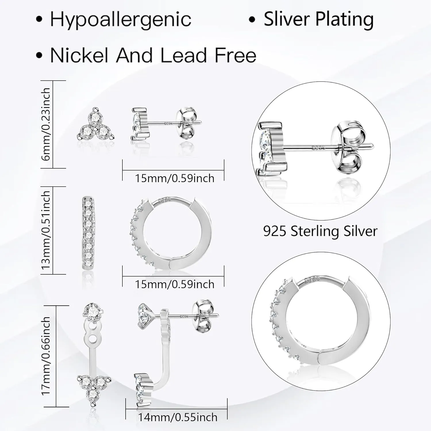 3 Pairs Sterling Silver Earrings for Women Trendy Silver Stud Hoop Earrings Stacks for Multiple Piercing Dainty Cartilage Huggie Hoop Earrings Hypoallergenic Small Cubic Zirconia Stud Hoop Earrings Set