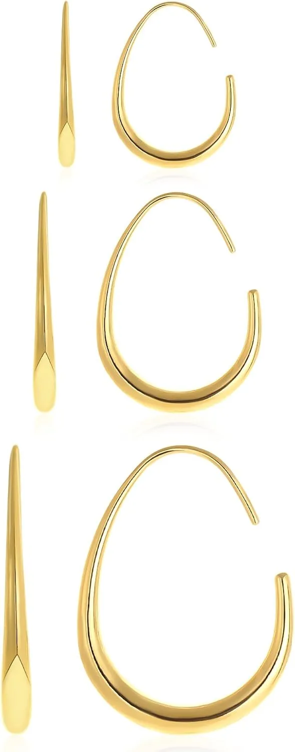 3 Pairs Teardrop Hoop Earrings Set for Women Gold Silver Oval Hoops Pull Through Chunky Dangle Statement Earring Jewelry