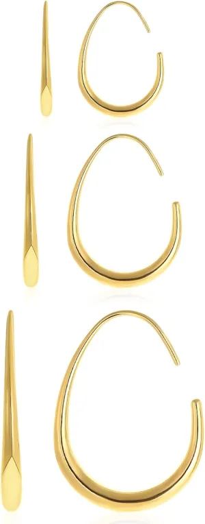 3 Pairs Teardrop Hoop Earrings Set for Women Gold Silver Oval Hoops Pull Through Chunky Dangle Statement Earring Jewelry