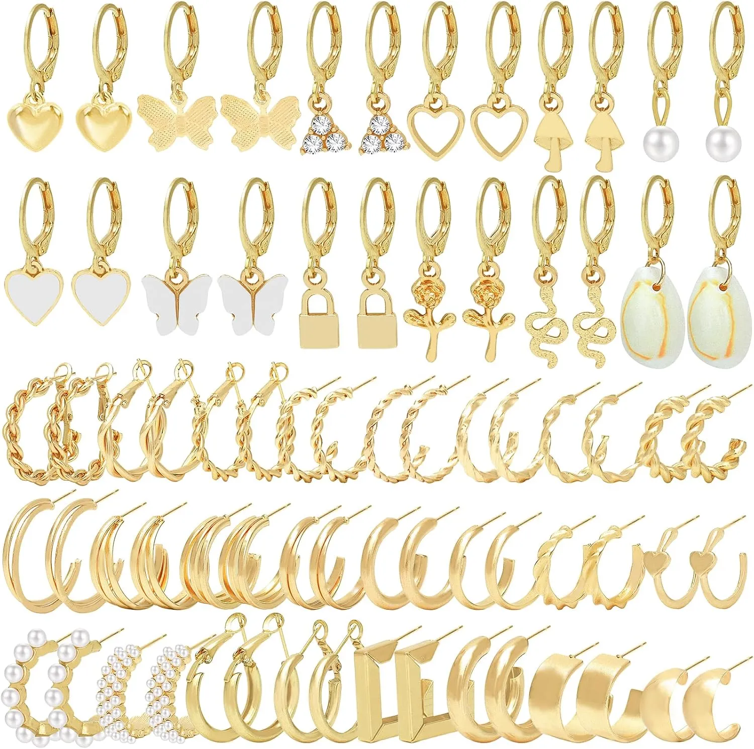 36 Pairs Gold Hoop Earrings Set for Women Hypoallergenic Fashion Lightweight Thin Thick Charm Earring Pack Chunky Chain Twisted Open Hoops for Christmas Birthday Party Jewelry Gift