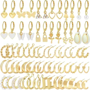 36 Pairs Gold Hoop Earrings Set for Women Hypoallergenic Fashion Lightweight Thin Thick Charm Earring Pack Chunky Chain Twisted Open Hoops for Christmas Birthday Party Jewelry Gift
