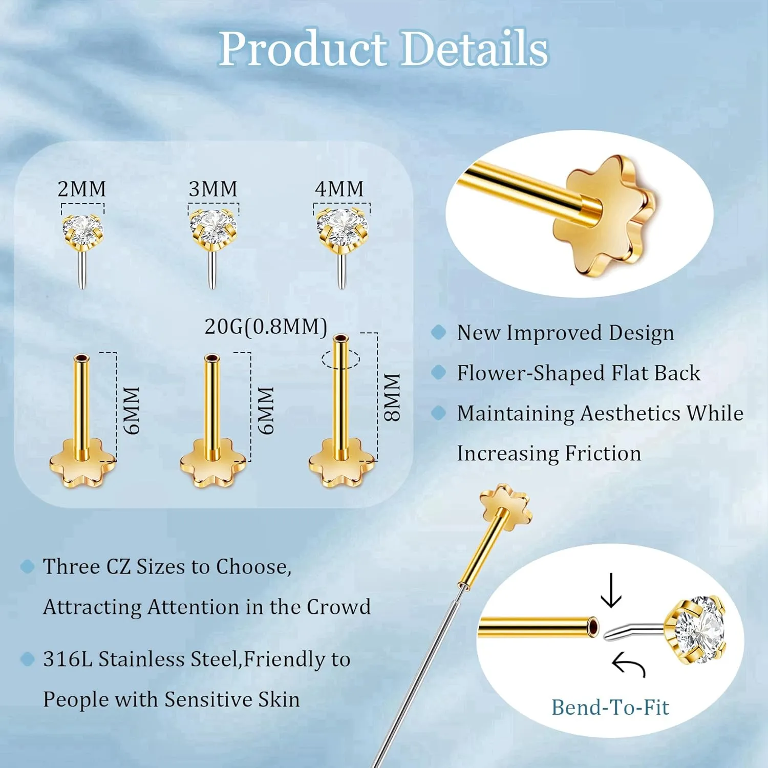 3Pairs 20G Surgical Steel Threadless Studs Earrings Push in Flat Back Earrings Hypoallergenic Threadless Nose Studs Cartilage Helix Tragus Piercing Jewelry