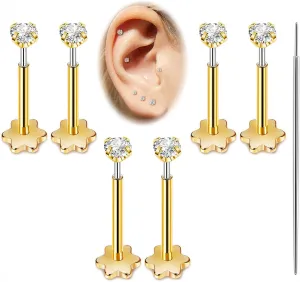 3Pairs 20G Surgical Steel Threadless Studs Earrings Push in Flat Back Earrings Hypoallergenic Threadless Nose Studs Cartilage Helix Tragus Piercing Jewelry