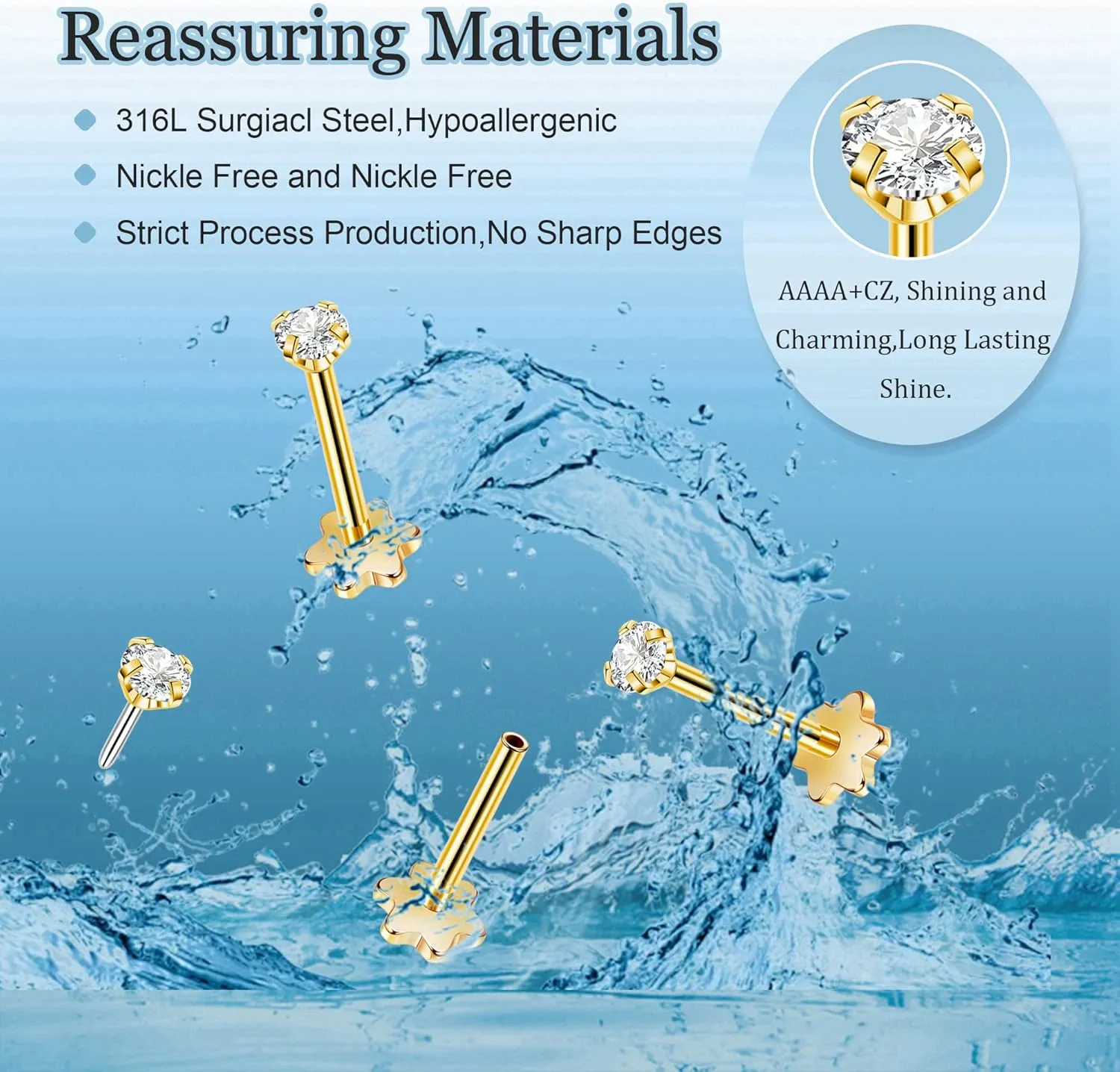 3Pairs 20G Surgical Steel Threadless Studs Earrings Push in Flat Back Earrings Hypoallergenic Threadless Nose Studs Cartilage Helix Tragus Piercing Jewelry