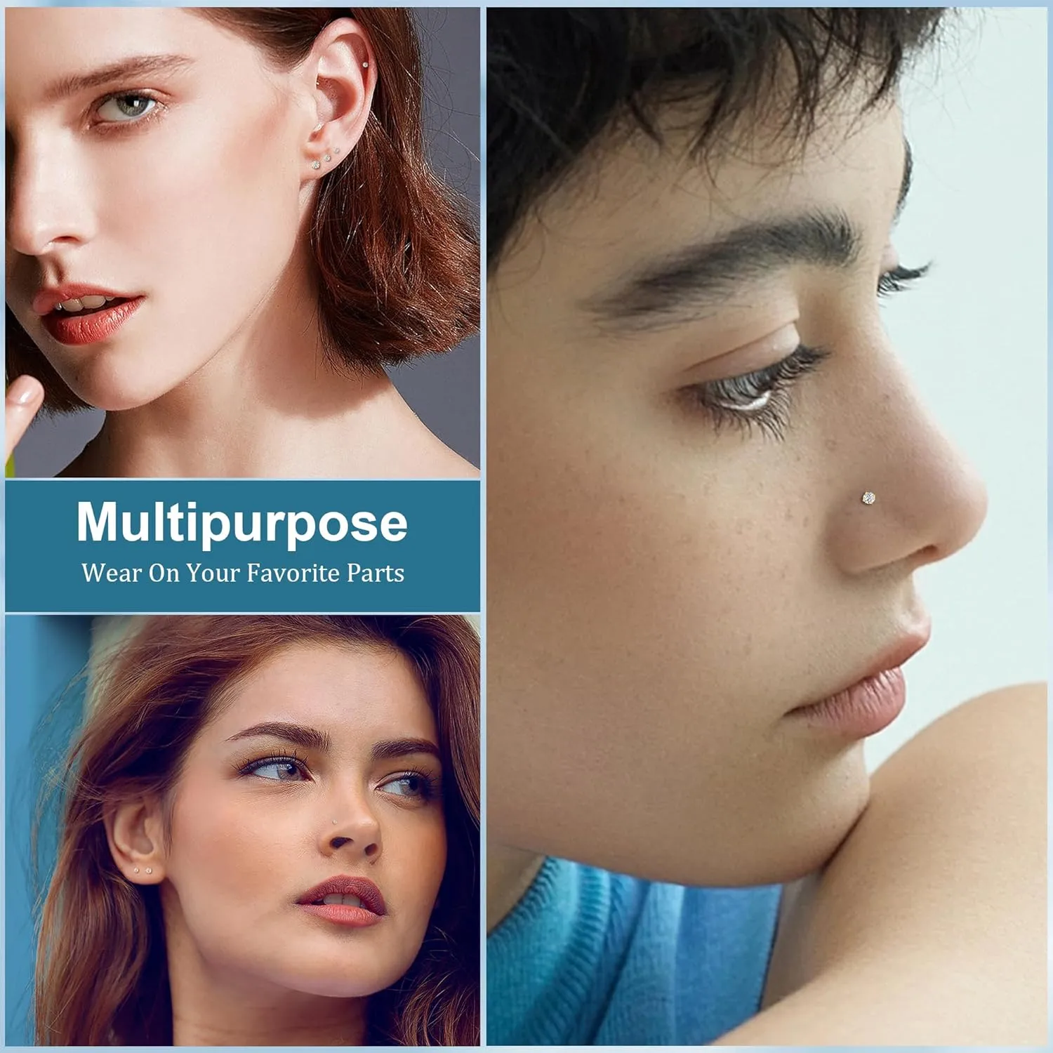 3Pairs 20G Surgical Steel Threadless Studs Earrings Push in Flat Back Earrings Hypoallergenic Threadless Nose Studs Cartilage Helix Tragus Piercing Jewelry