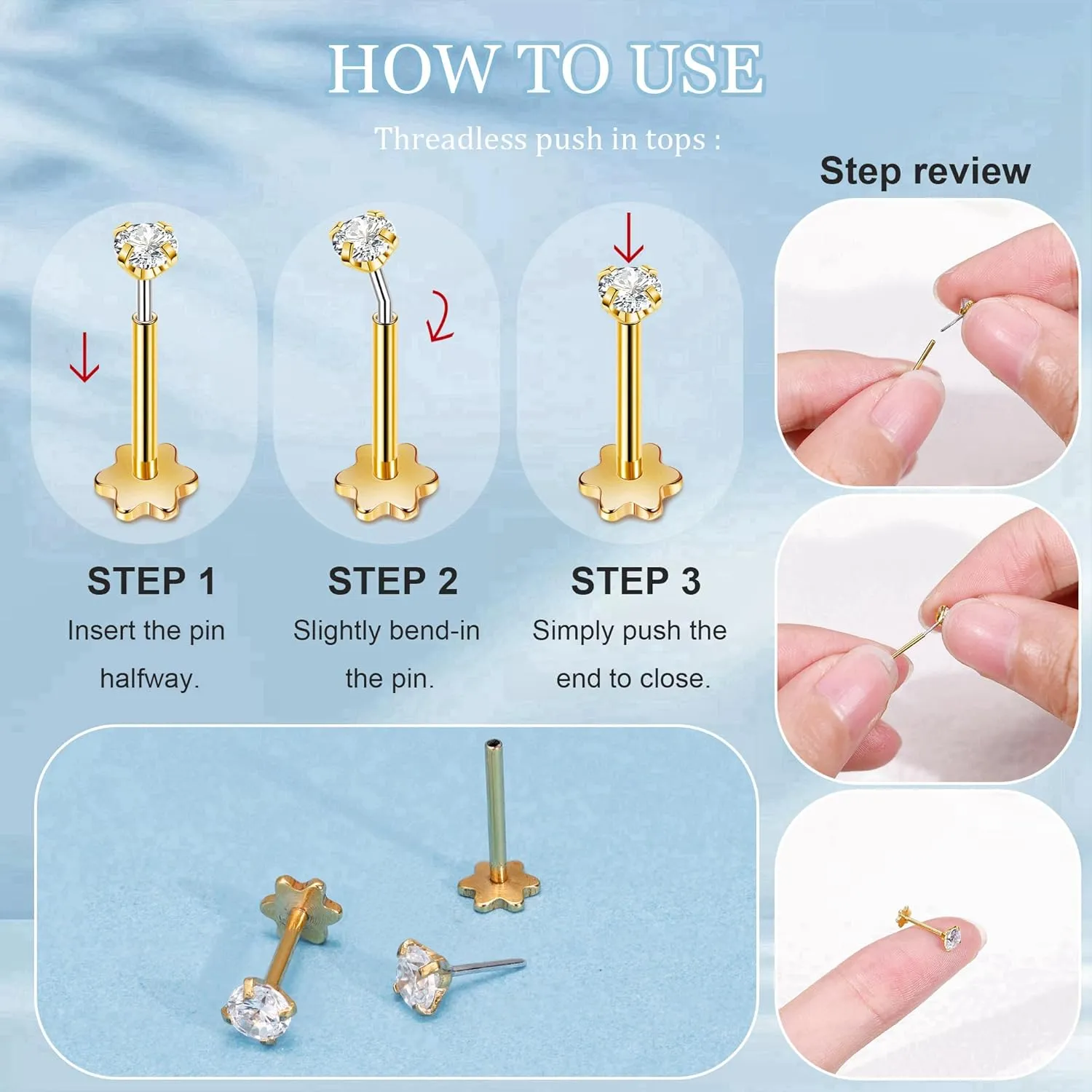 3Pairs 20G Surgical Steel Threadless Studs Earrings Push in Flat Back Earrings Hypoallergenic Threadless Nose Studs Cartilage Helix Tragus Piercing Jewelry