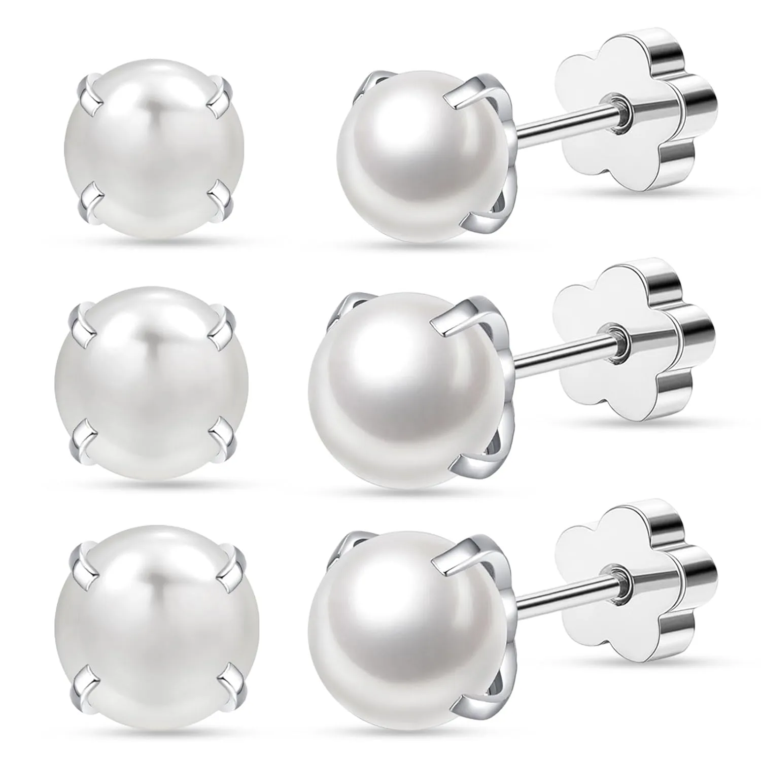 3Pairs Flower Flat Back Pearl Stud Earring for Women Screw Back Pearl Cartilage Earrings Pearl Helix Earrings Hypoallergenic Pearl Earring for Sensitive Skin (5mm/6mm/7mm Pearl)
