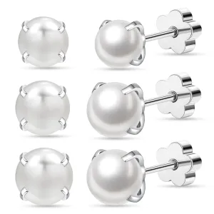 3Pairs Flower Flat Back Pearl Stud Earring for Women Screw Back Pearl Cartilage Earrings Pearl Helix Earrings Hypoallergenic Pearl Earring for Sensitive Skin (5mm/6mm/7mm Pearl)