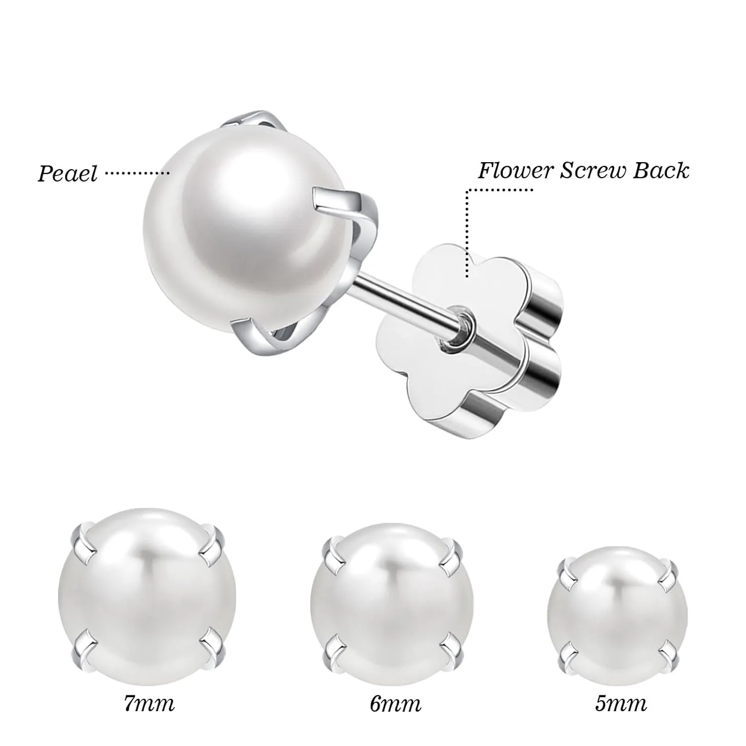 3Pairs Flower Flat Back Pearl Stud Earring for Women Screw Back Pearl Cartilage Earrings Pearl Helix Earrings Hypoallergenic Pearl Earring for Sensitive Skin (5mm/6mm/7mm Pearl)