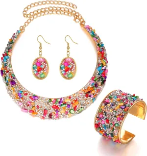 3pcs Colorful Stone Rhinestone Collar Gold Metal Necklace Sets For Women Bib Choker Collars Necklaces Jewelry Accessories