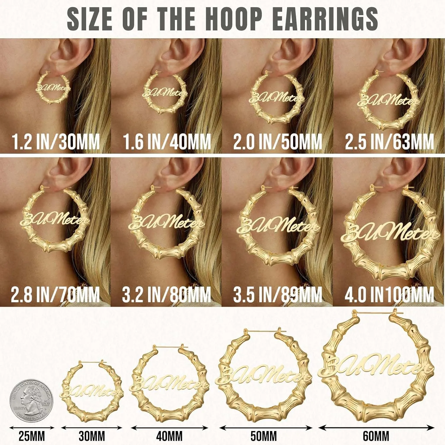 3UMeter Custom Bamboo Earrings for Women Name Earrings Personalized 18K Gold Plated Custmized Gifts for Mom Grandma Women