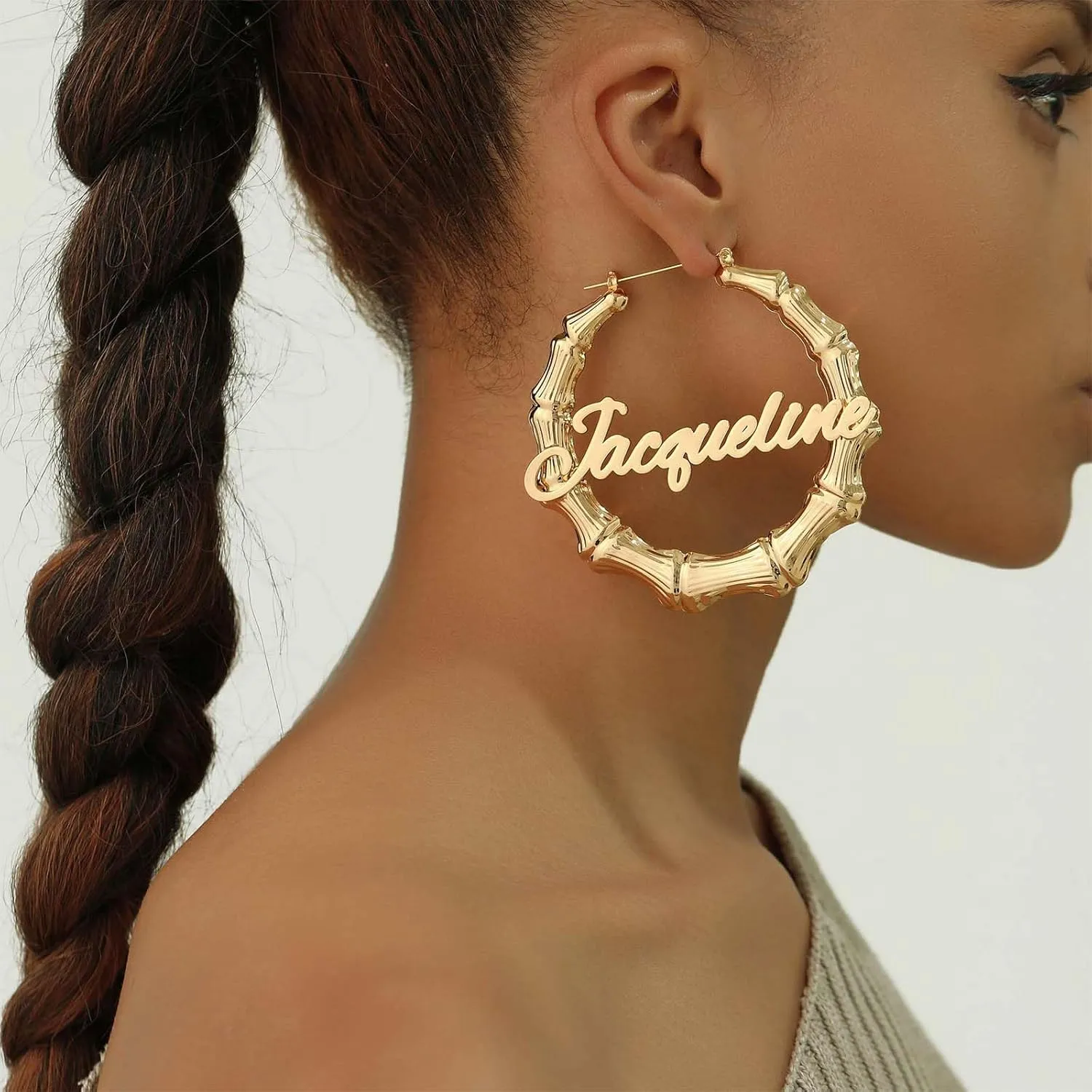 3UMeter Custom Bamboo Earrings for Women Name Earrings Personalized 18K Gold Plated Custmized Gifts for Mom Grandma Women