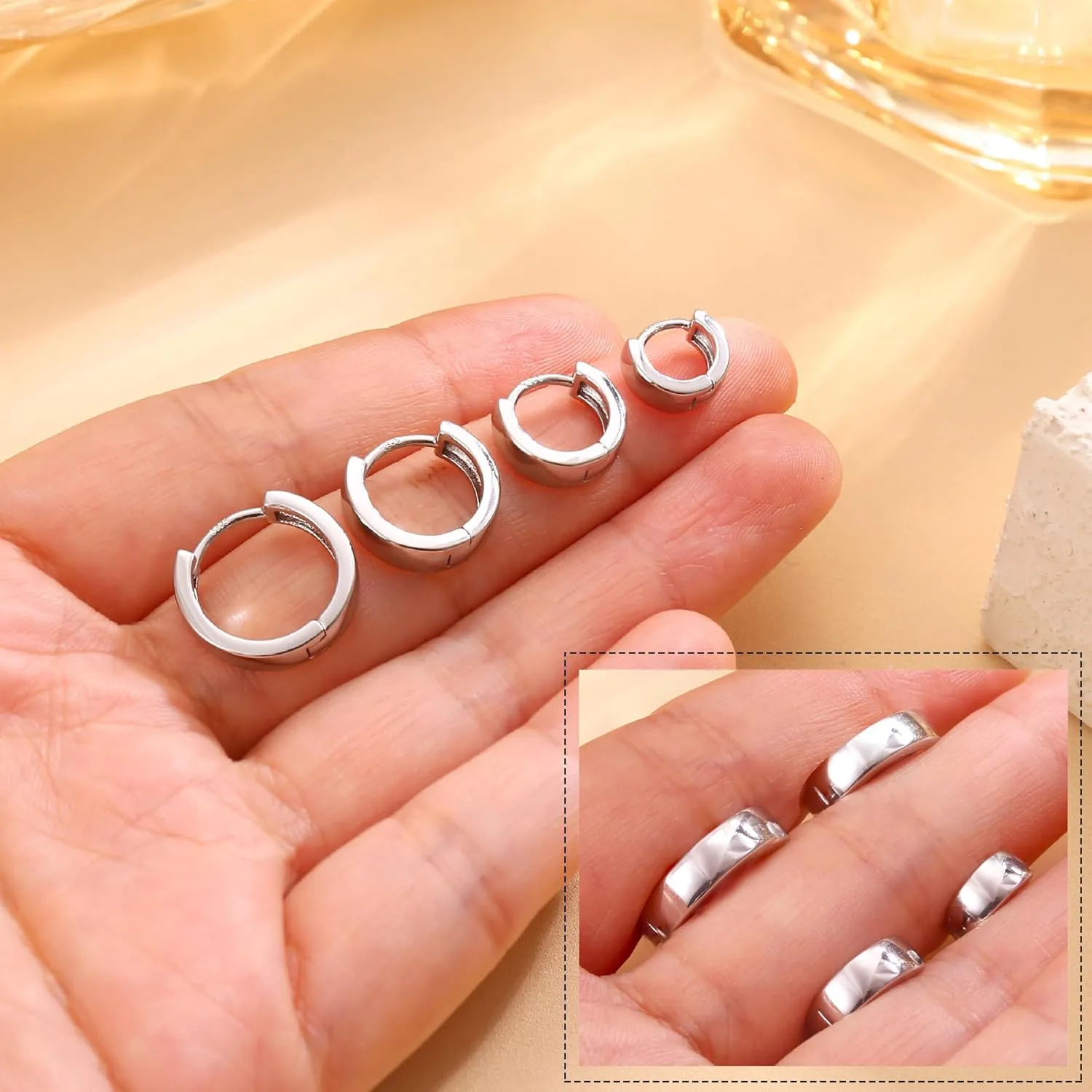 4 Pairs 18K Gold Plated Hoop Earrings Set for Women 925 Sterling Silver Post Small Gold Huggie Chunky Earrings for Multiple Piercing Cartilage Hoop Earrings Stack Jewelry 6mm 8mm 10mm 12mm