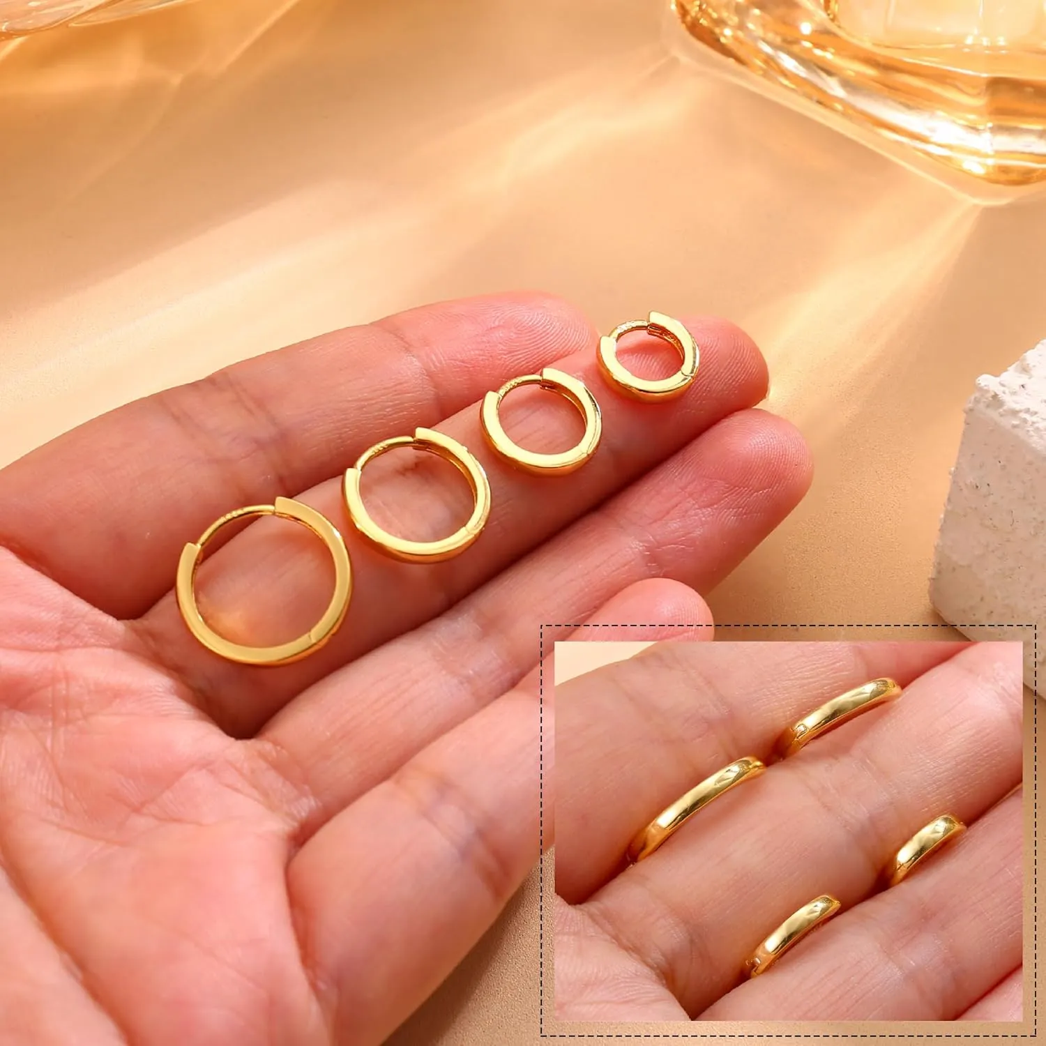 4 Pairs 18K Gold Plated Hoop Earrings Set for Women 925 Sterling Silver Post Small Gold Huggie Chunky Earrings for Multiple Piercing Cartilage Hoop Earrings Stack Jewelry 6mm 8mm 10mm 12mm