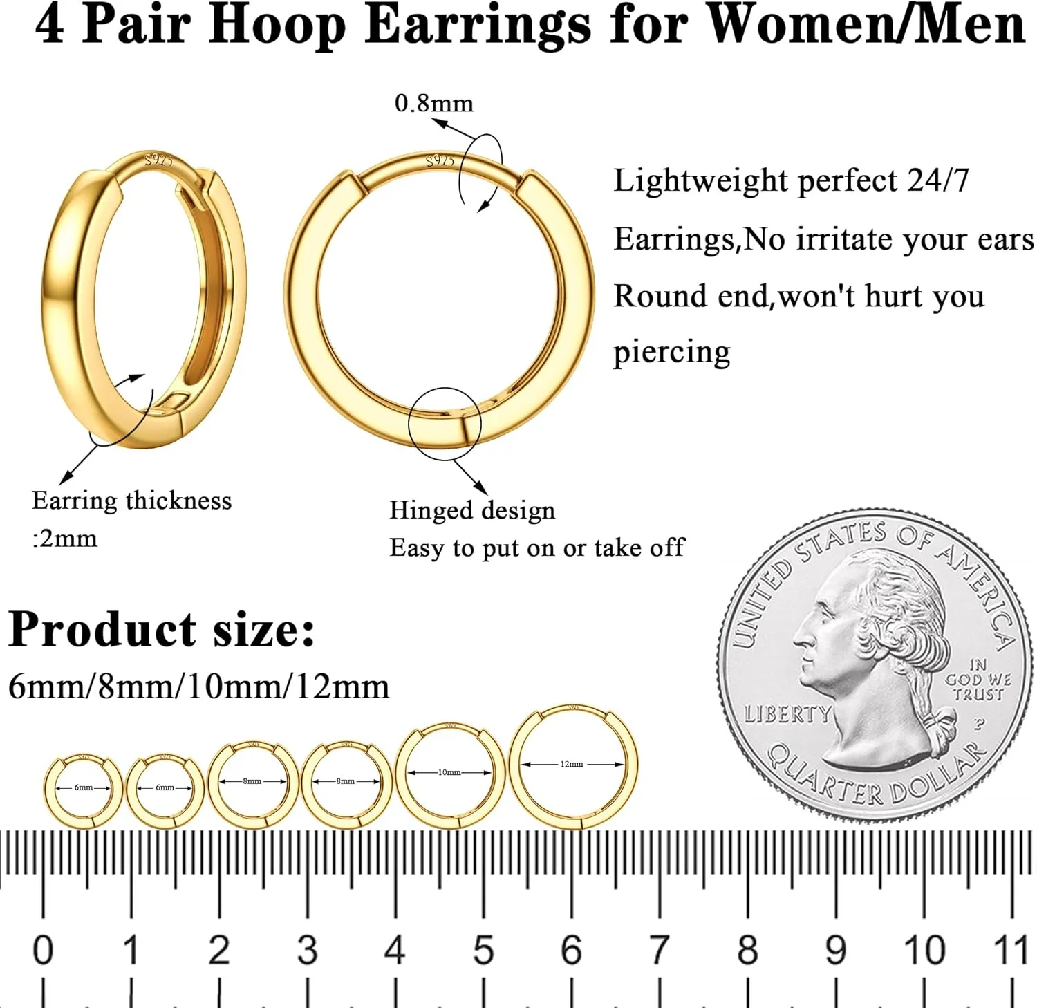 4 Pairs 18K Gold Plated Hoop Earrings Set for Women 925 Sterling Silver Post Small Gold Huggie Chunky Earrings for Multiple Piercing Cartilage Hoop Earrings Stack Jewelry 6mm 8mm 10mm 12mm