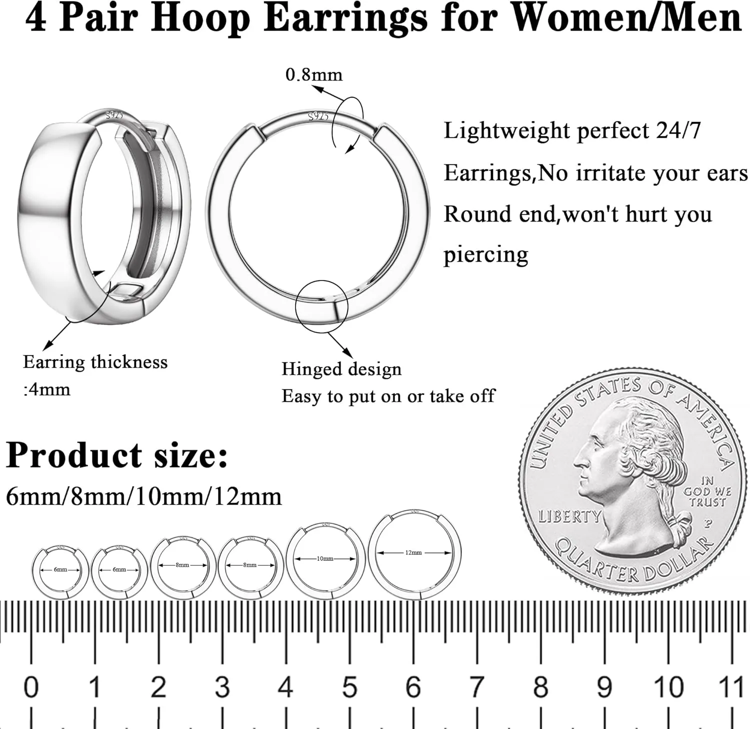 4 Pairs 18K Gold Plated Hoop Earrings Set for Women 925 Sterling Silver Post Small Gold Huggie Chunky Earrings for Multiple Piercing Cartilage Hoop Earrings Stack Jewelry 6mm 8mm 10mm 12mm
