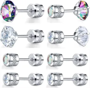 4 Pairs 316 Stainless Steel Stud Earrings Round Screw Back Cubic Zirconia Barbell Earring Set For Men Women